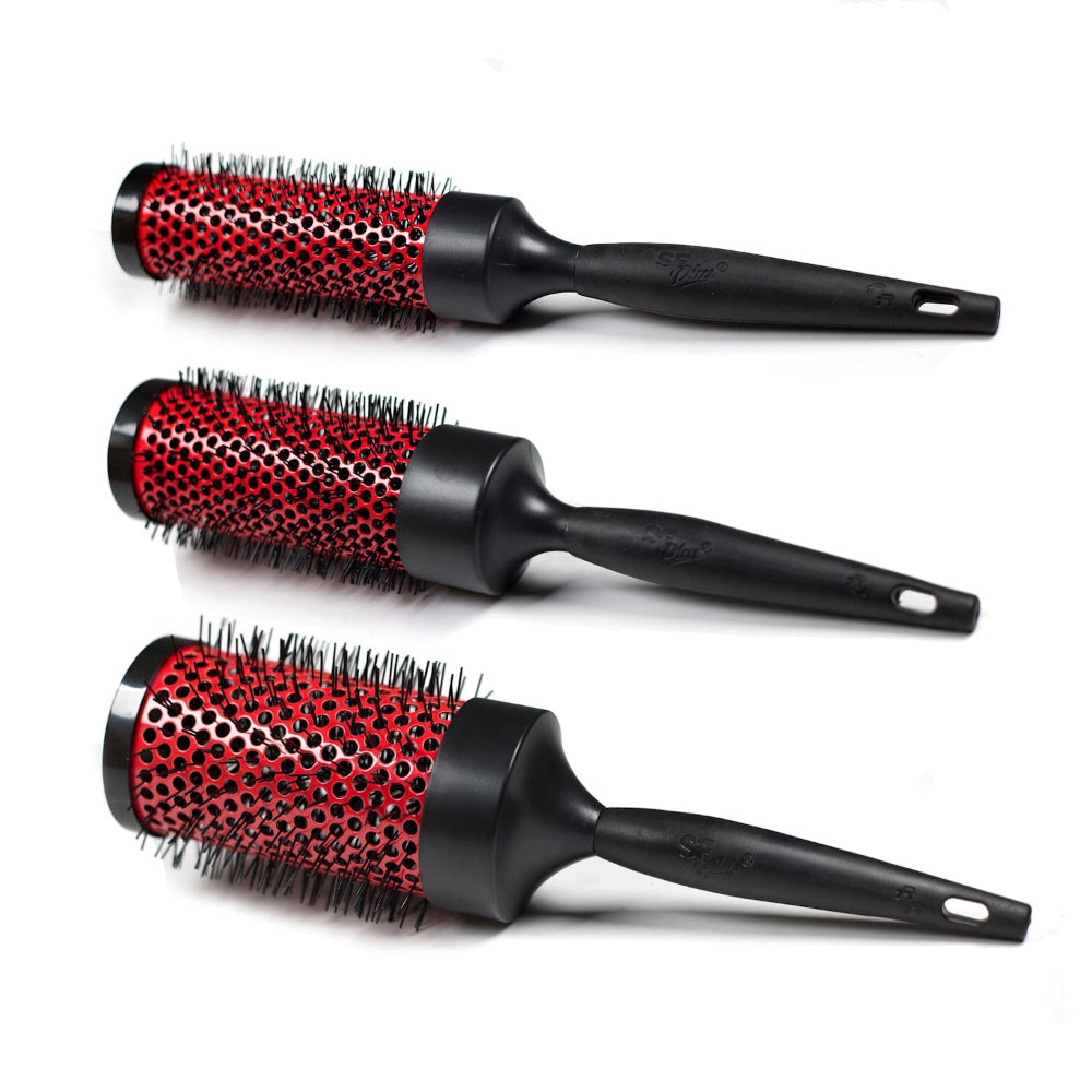 Three black and red hairbrushes of different sizes on a white background