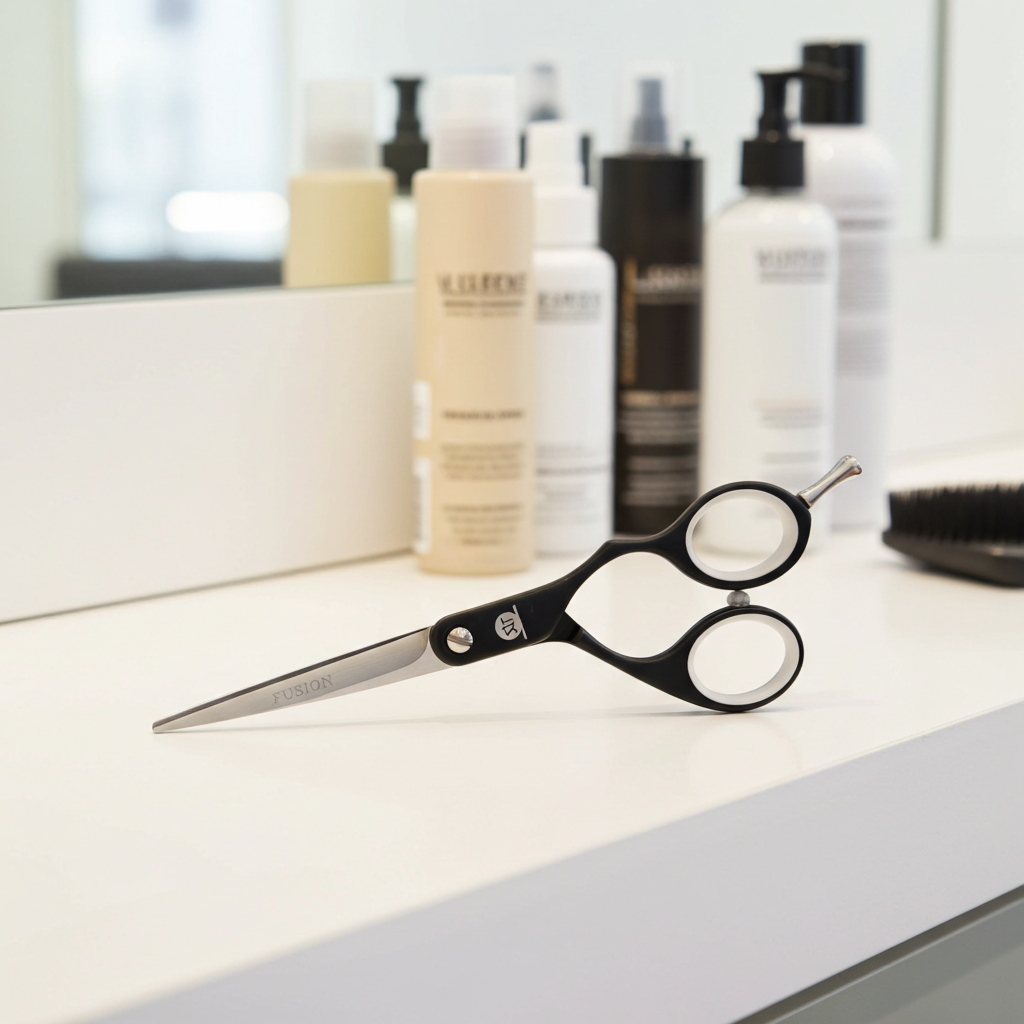 Hair scissors on a counter with hair care products in the background