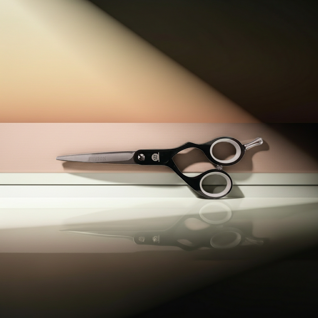 Black hair scissors on a reflective surface with a gradient background