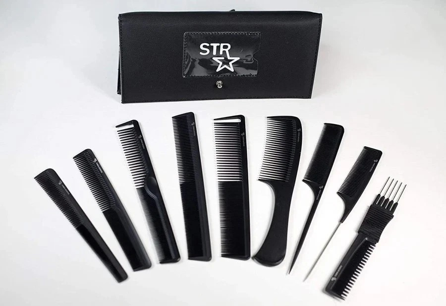 Set of black combs and a black STR pouch on a white background
