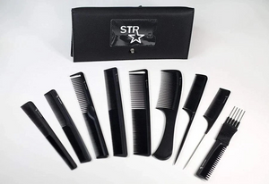 Set of black combs and a black STR pouch on a white background