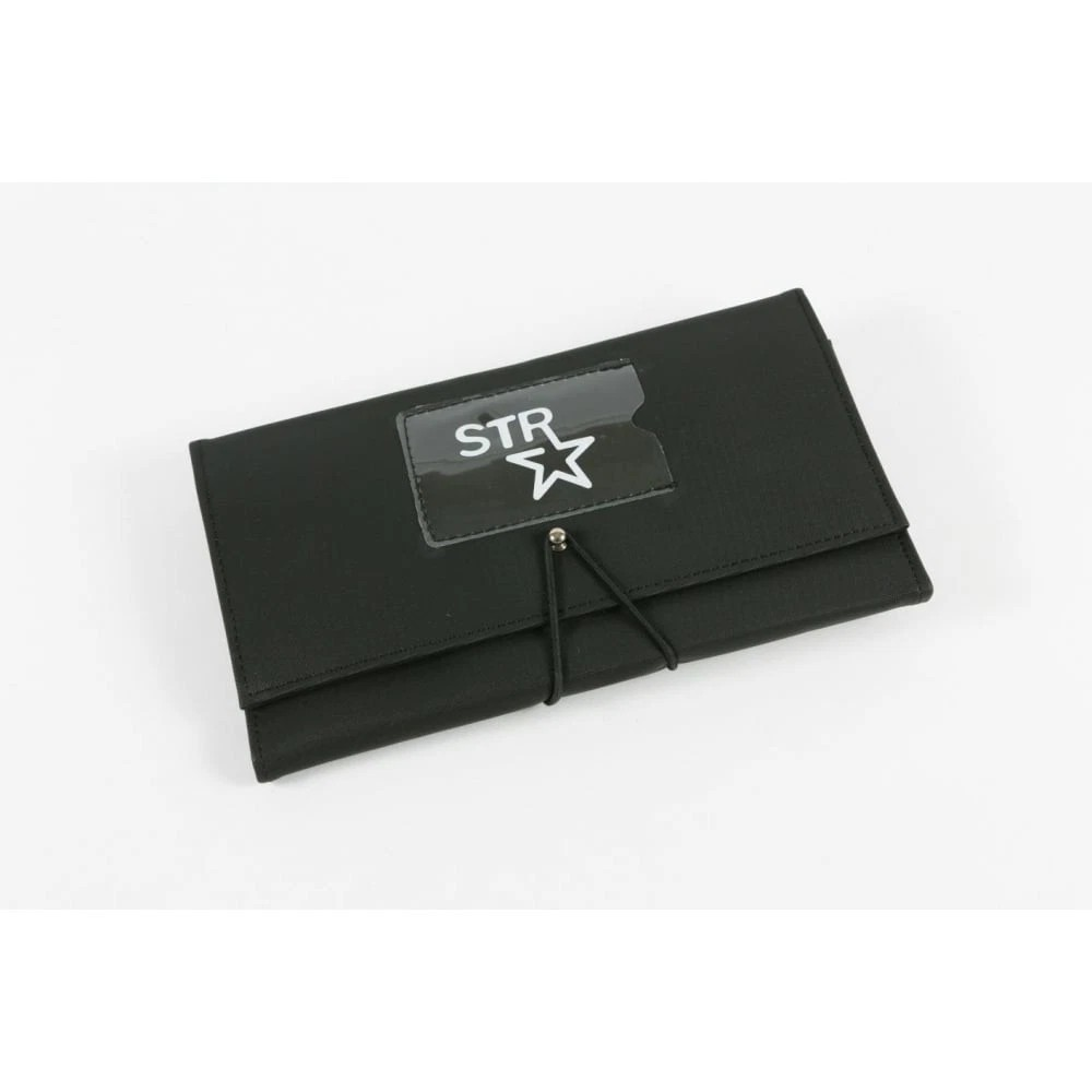 Black clutch bag with 'STR' logo on a white background