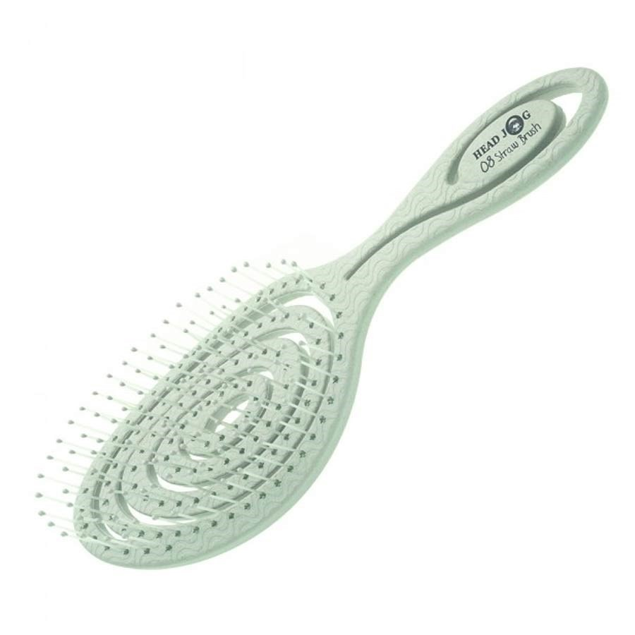 Sage coloured headjog branded hairbrush on a white background