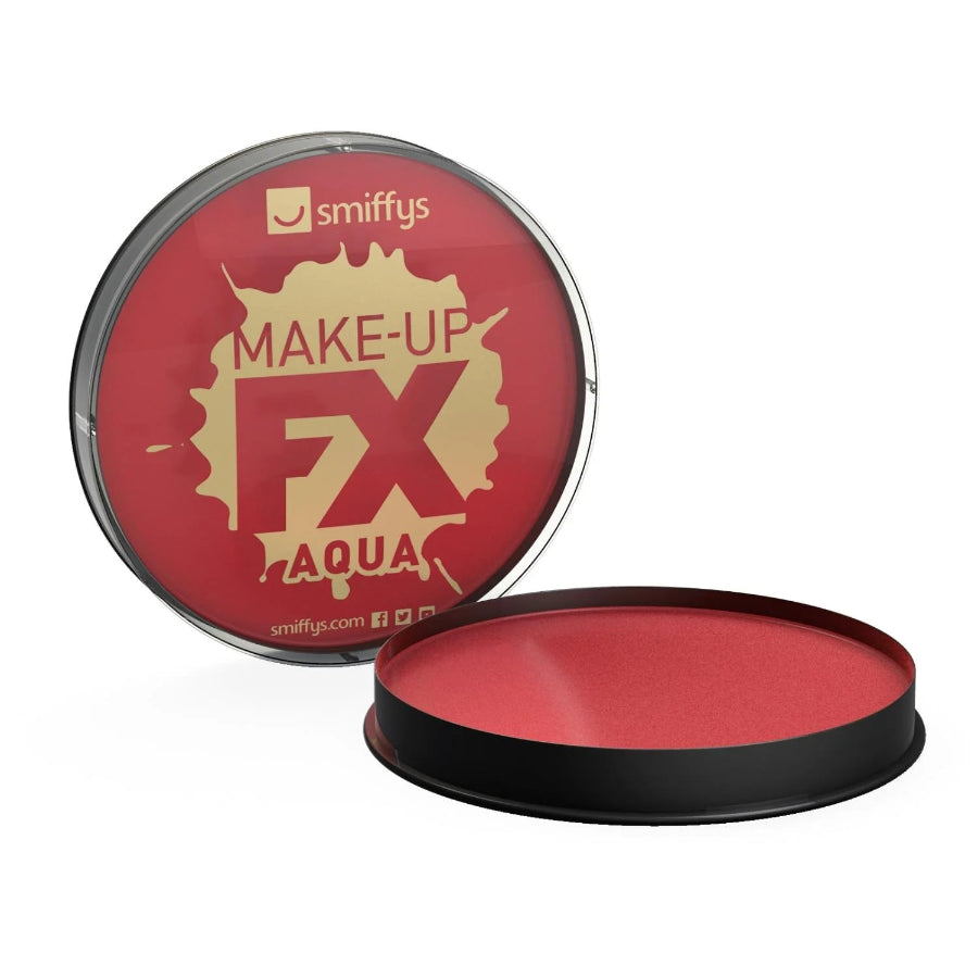 Make-up FX container with red makeup on a white background