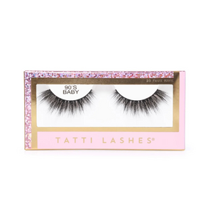 Packaging of Tatti Lashes 90's Baby 3D Faux Mink Eyelash Extensions with a pair of faux mink lashes displayed on top.
