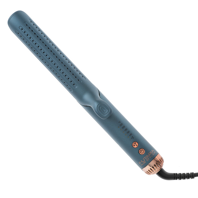 Blue ceramic hair straightener on a white background