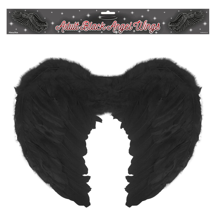 A pair of black angel wings for adults, displayed on a card with the product title 'Adult Black Angel Wings'.