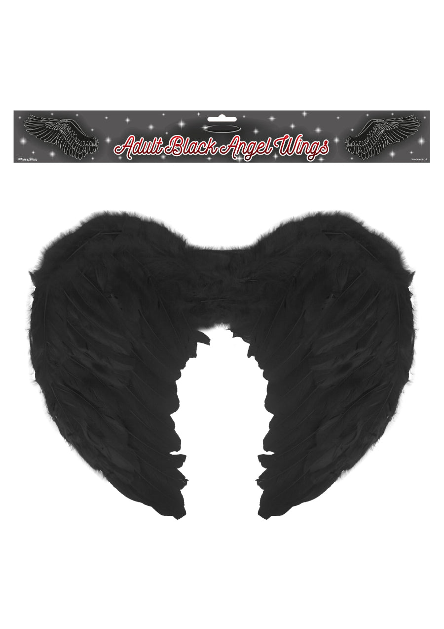 A pair of black angel wings for adults, displayed on a card with the product title 'Adult Black Angel Wings'.