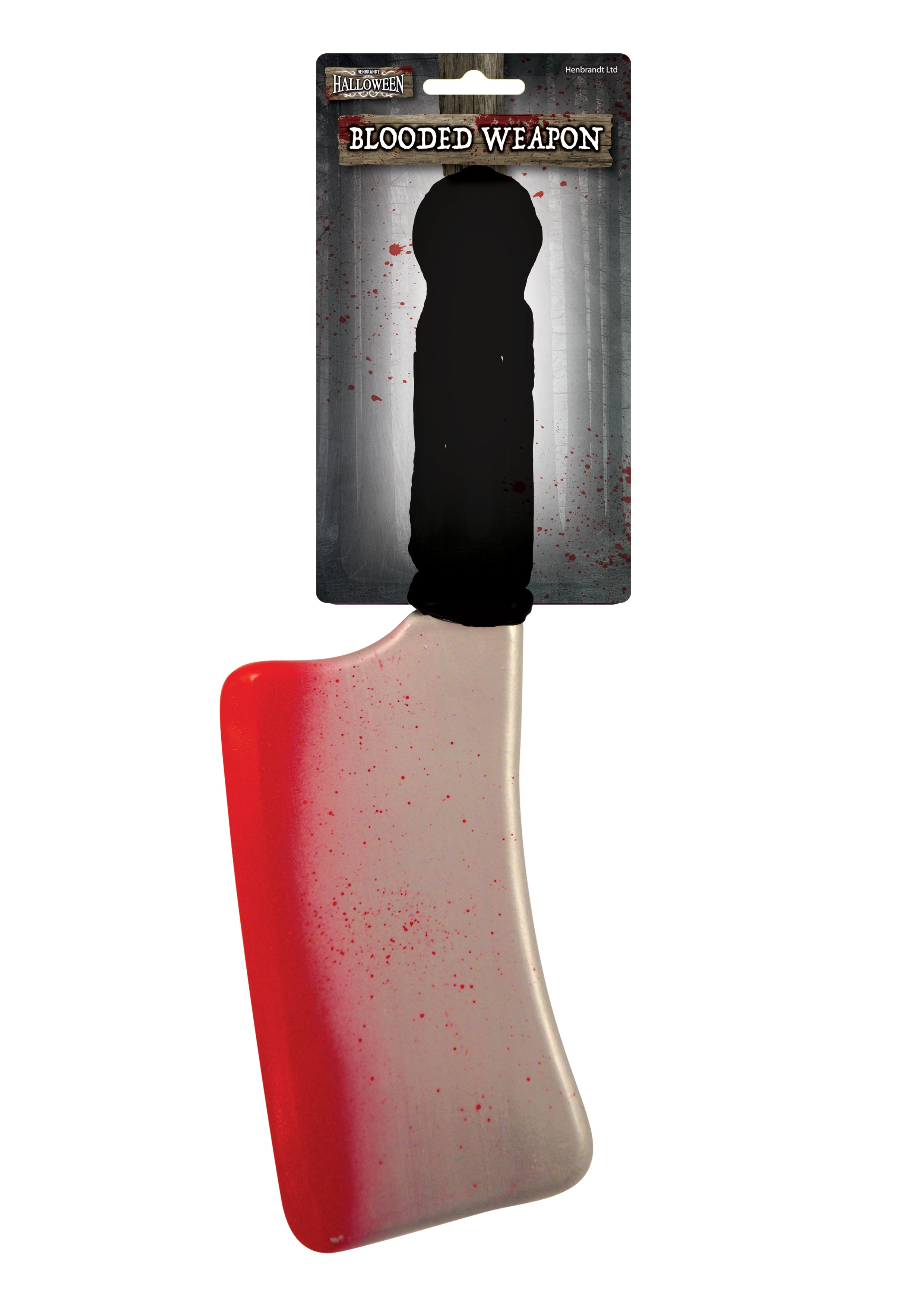 A prop weapon for Halloween costumes, featuring a black handle and a red blade with simulated blood splatters.