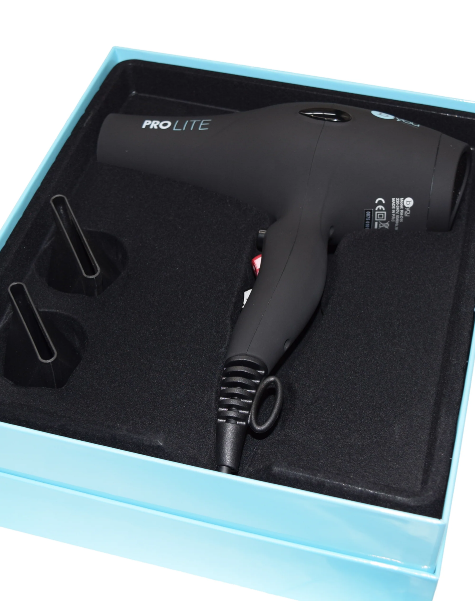 Black hair dryer in a blue box with 'PRO LITE' branding.