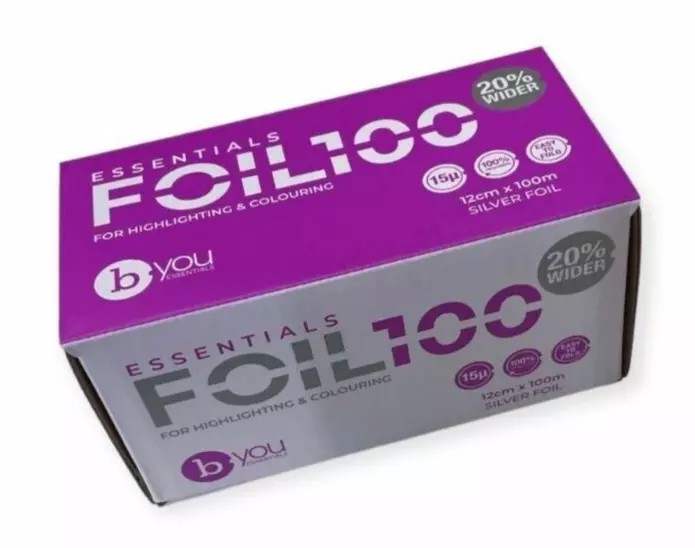 A box of bYou Essentials Hair Foil in silver color, designed for highlighting and colouring, with a size of 12cm x 100m.