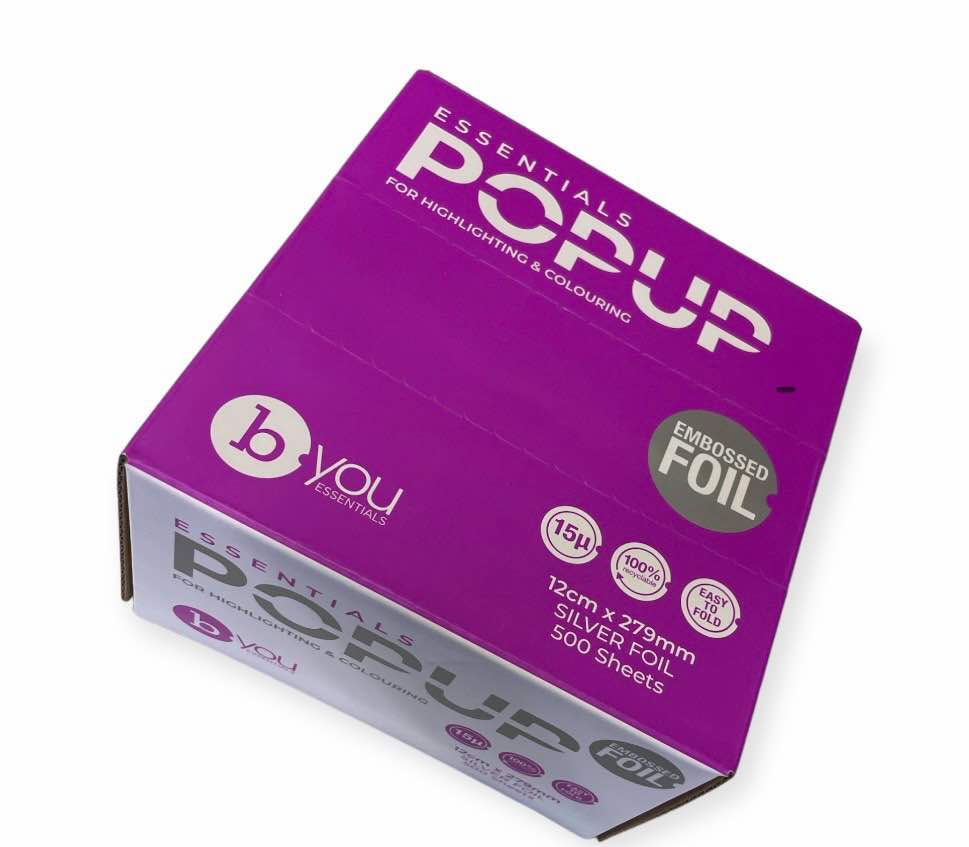a purple and white box featuring byou branding. states 500 sheets of silver foils in 12cm x 279mm