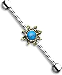 Sun with Aqua Opal Scaffold Industrial Barbell Piercing Bar 35mm