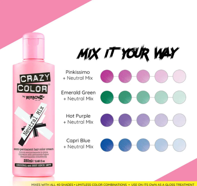 Crazy Color hair dye bottle with color mixing chart on a pink and white background