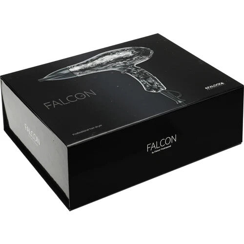 Black box with 'FALCON' branding and a hair dryer illustration on a white background