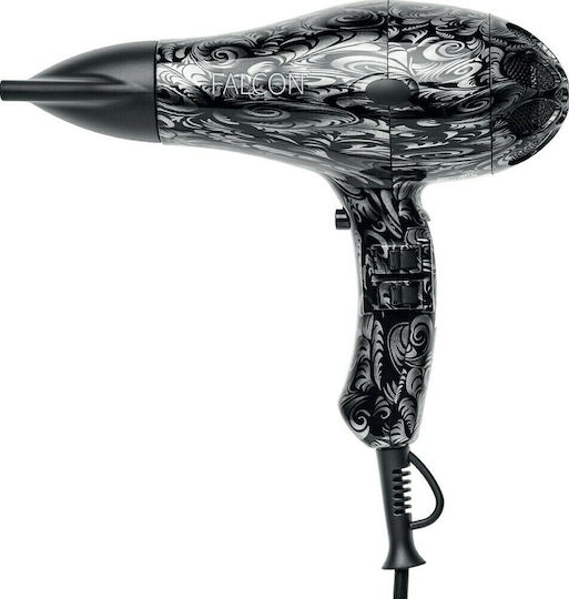 Black and silver hair dryer with intricate design on a white background