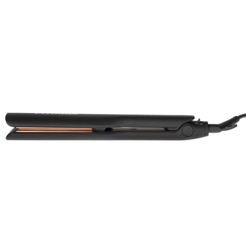 Black hair straightener with rose gold interior on a white background