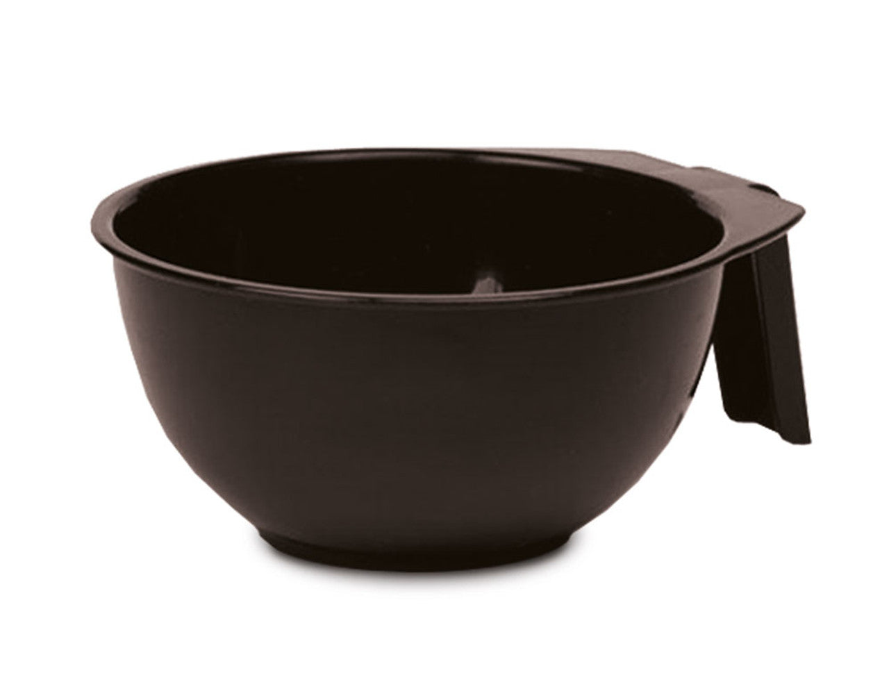 Black mixing bowl with a handle on a white background