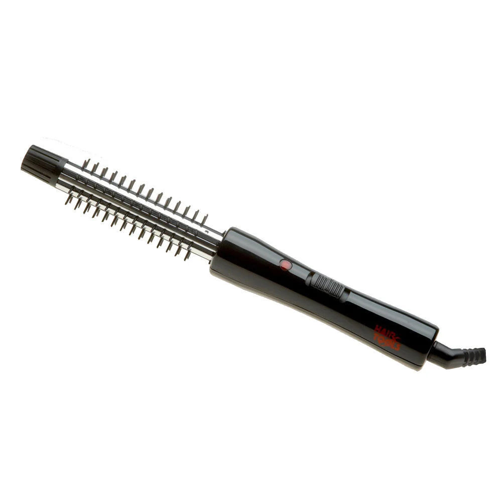 Black hair styling tool with bristle brush head on a white background