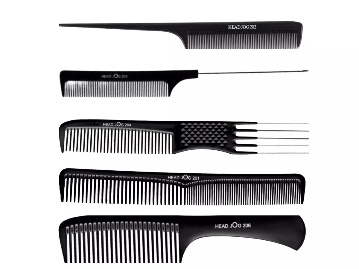 5 black combs in various shapes branded with the logo headjog on a white background