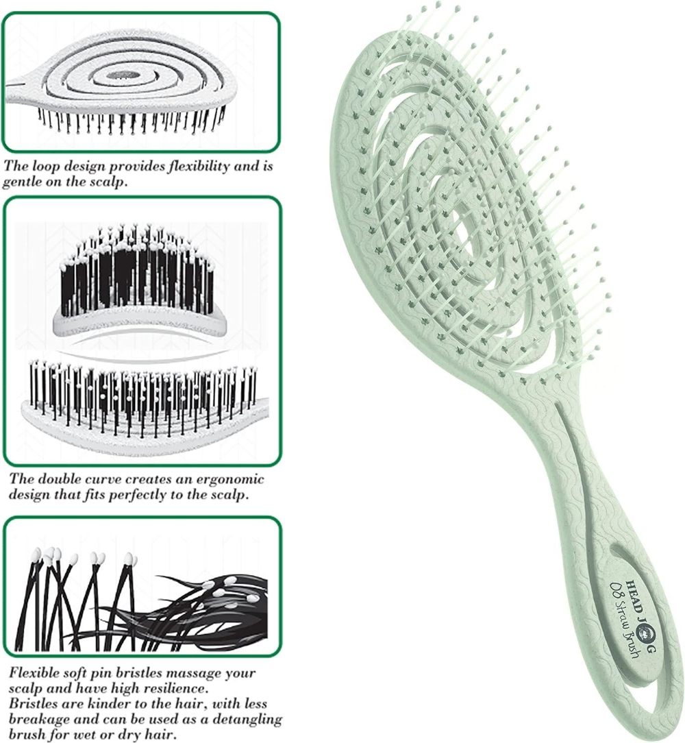 a minty green headjog branded hairbrush on a white background with illustrations on how to use it on the left hand side