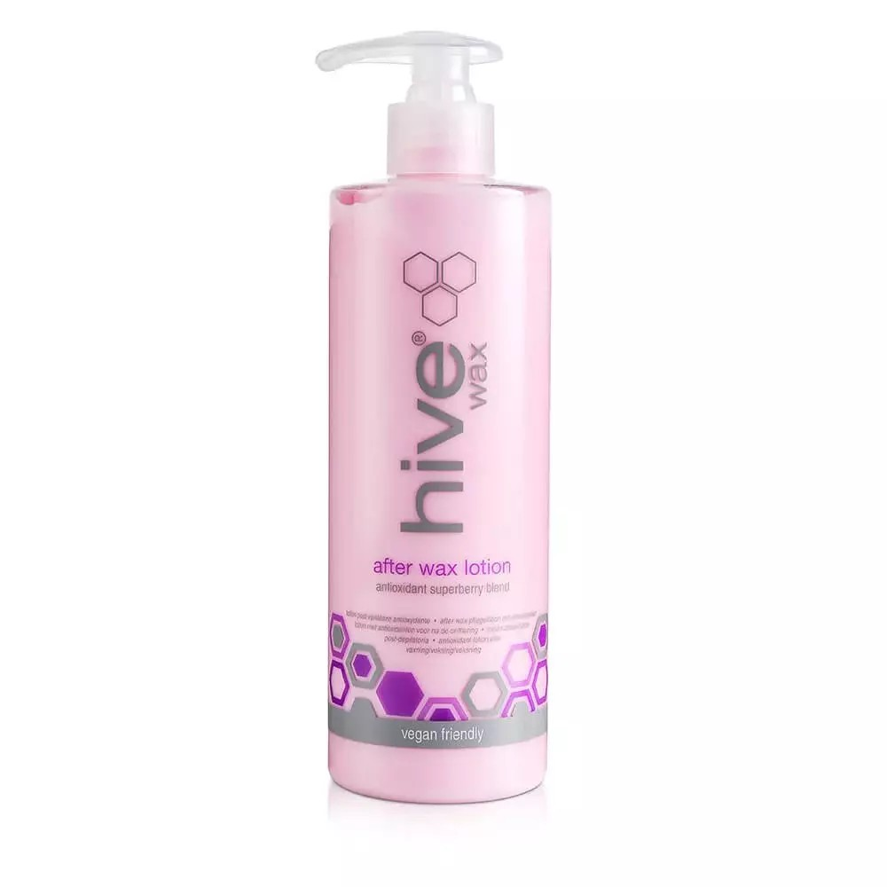 pump bottle of hive wax after wax lotion which is a pale pink colour on a white background