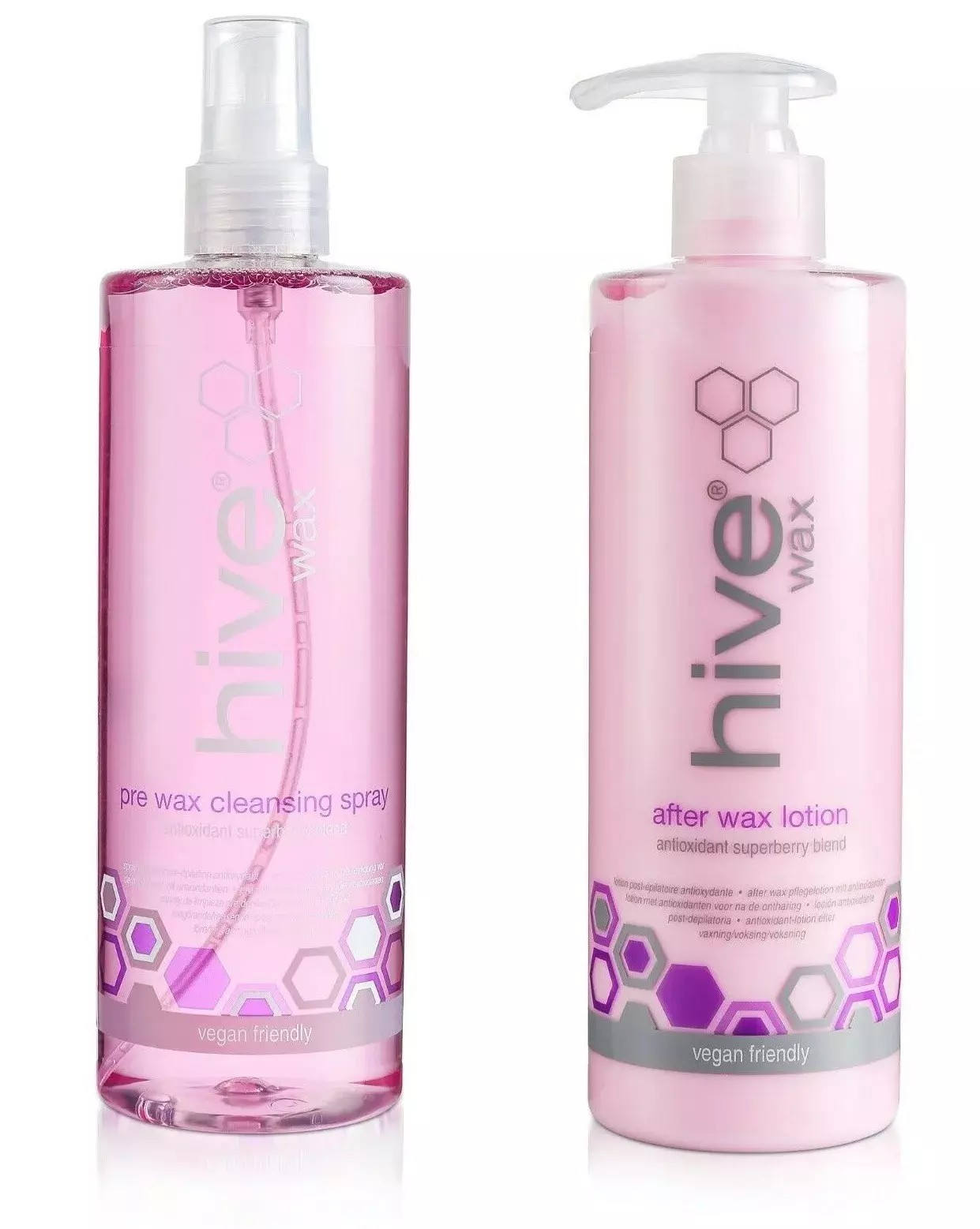 Two pump bottles labeled HIVE WAX, one for pre-wax cleanser and one for after-wax lotion, both with pink and purple design elements.