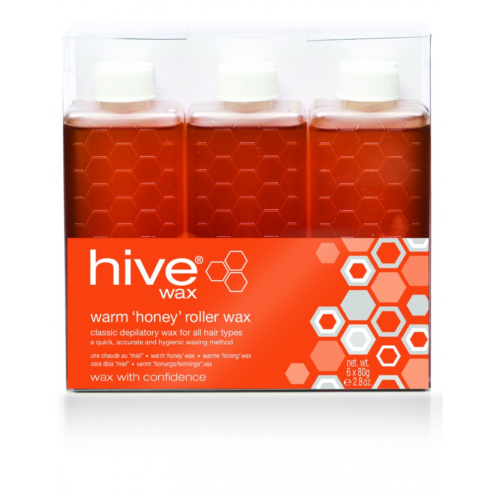 Three packs of Hive Warm Honey Roller Wax, each pack is transparent with a honeycomb pattern and has a orange label with the brand name and product description.