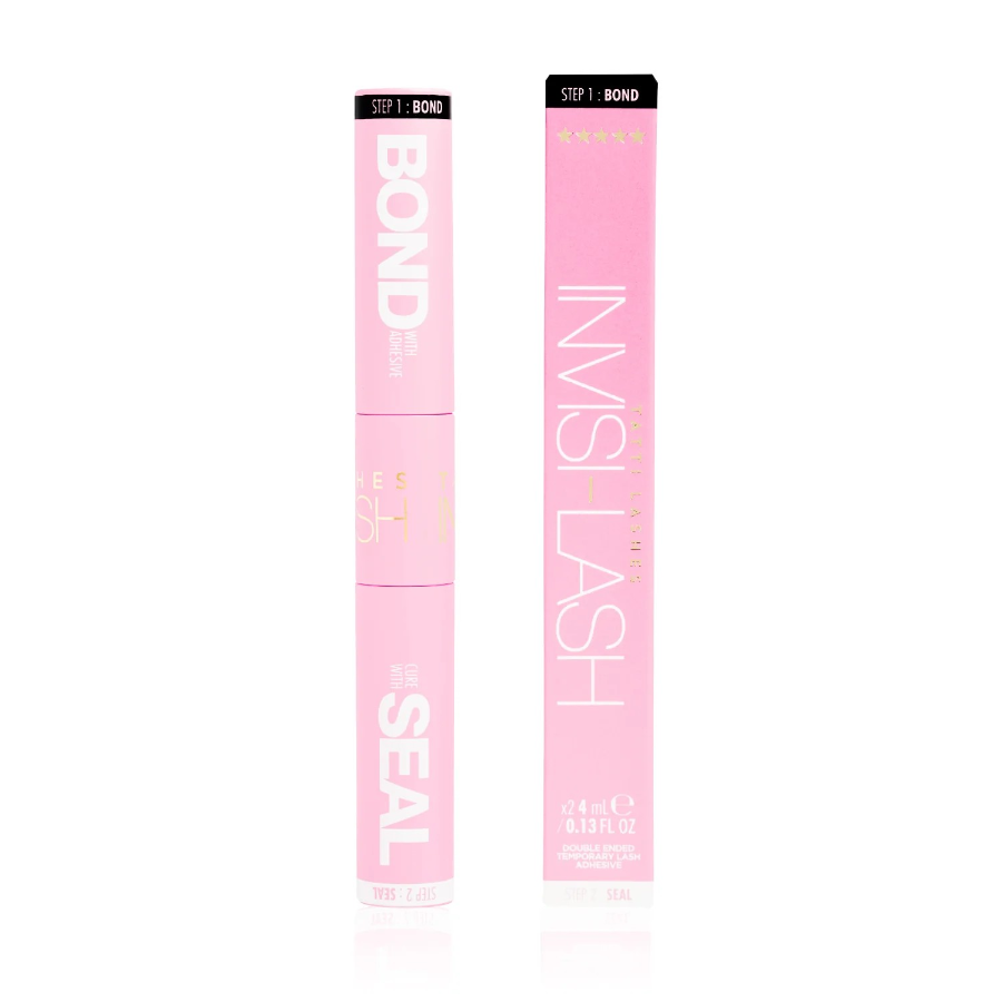 one tube of Tatti Lashes Invisi-Lash Glue placed vertically. The packaging is at the side and is predominantly pink with white and black text, and the product name is clearly visible.