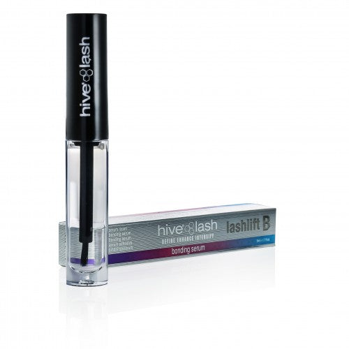 A bottle of Hive Lashlift Bonding Serum with the cap off, showing a clear liquid inside. The packaging has a black and purple design with 'LASHLIFT B' printed on it.