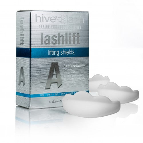 A package of HIVE LashLift Lifting Shields with two silicone eyelash lifting pads displayed in front of the package.