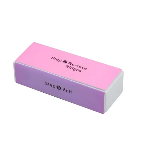 A 4-sided nail buffer block with instructions to remove ridges, smooth nail, and shine nail, white block with pink detail