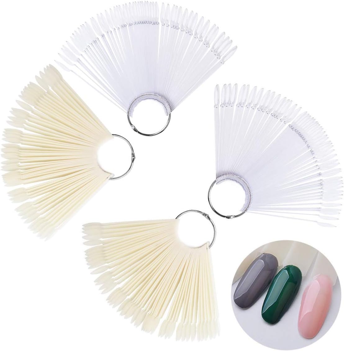 A nail ring with a fan of nail color samples in various shades displayed on a white background.
