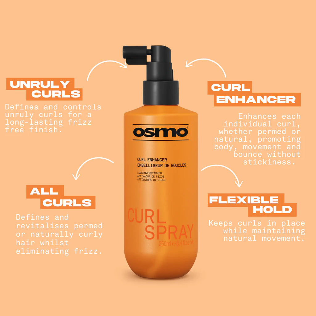 Osmo Curl Spray bottle with product features on an orange background