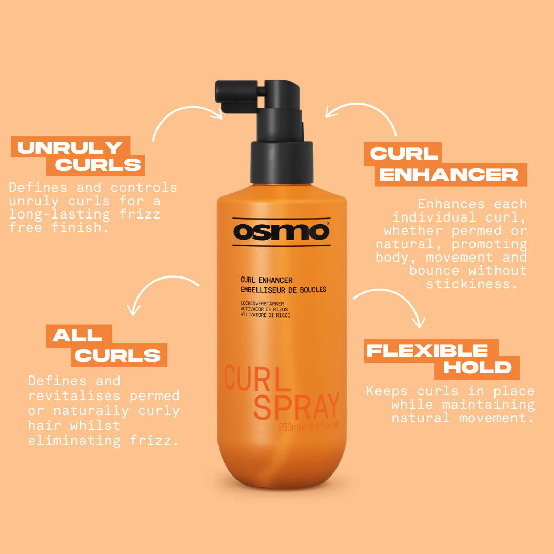 Osmo Curl Spray bottle with product features on an orange background
