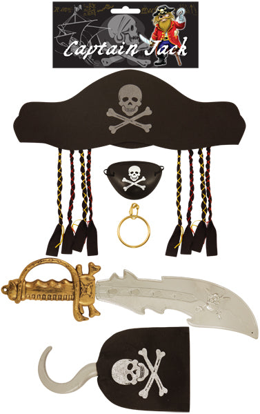 set of pirate themed accessories on a white background. a black hat with skull and crossbones motif, eye patch sword, earring and hook