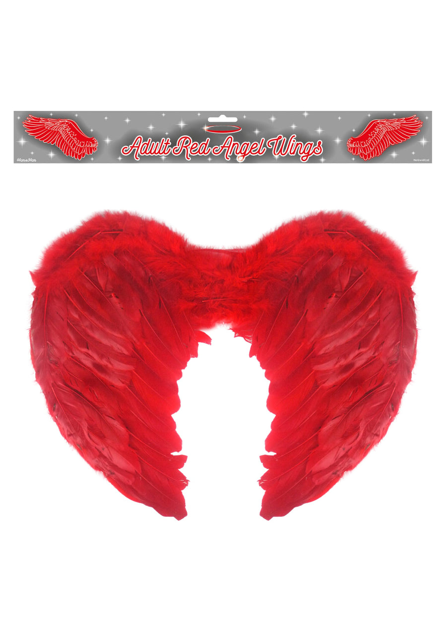Pair of red feathery angel wings in clear packaging 