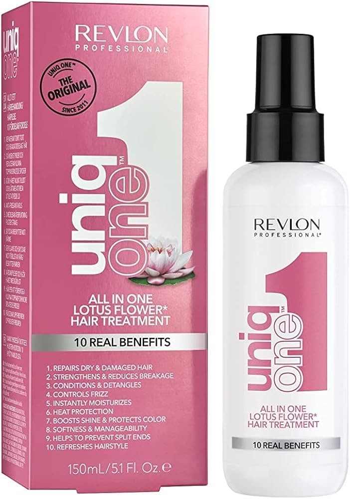 Packaging and bottle of Revlon Uniq 1 Lotus Leave In Hair Treatment, featuring the product name and benefits such as detangles, conditions, and protects hair.