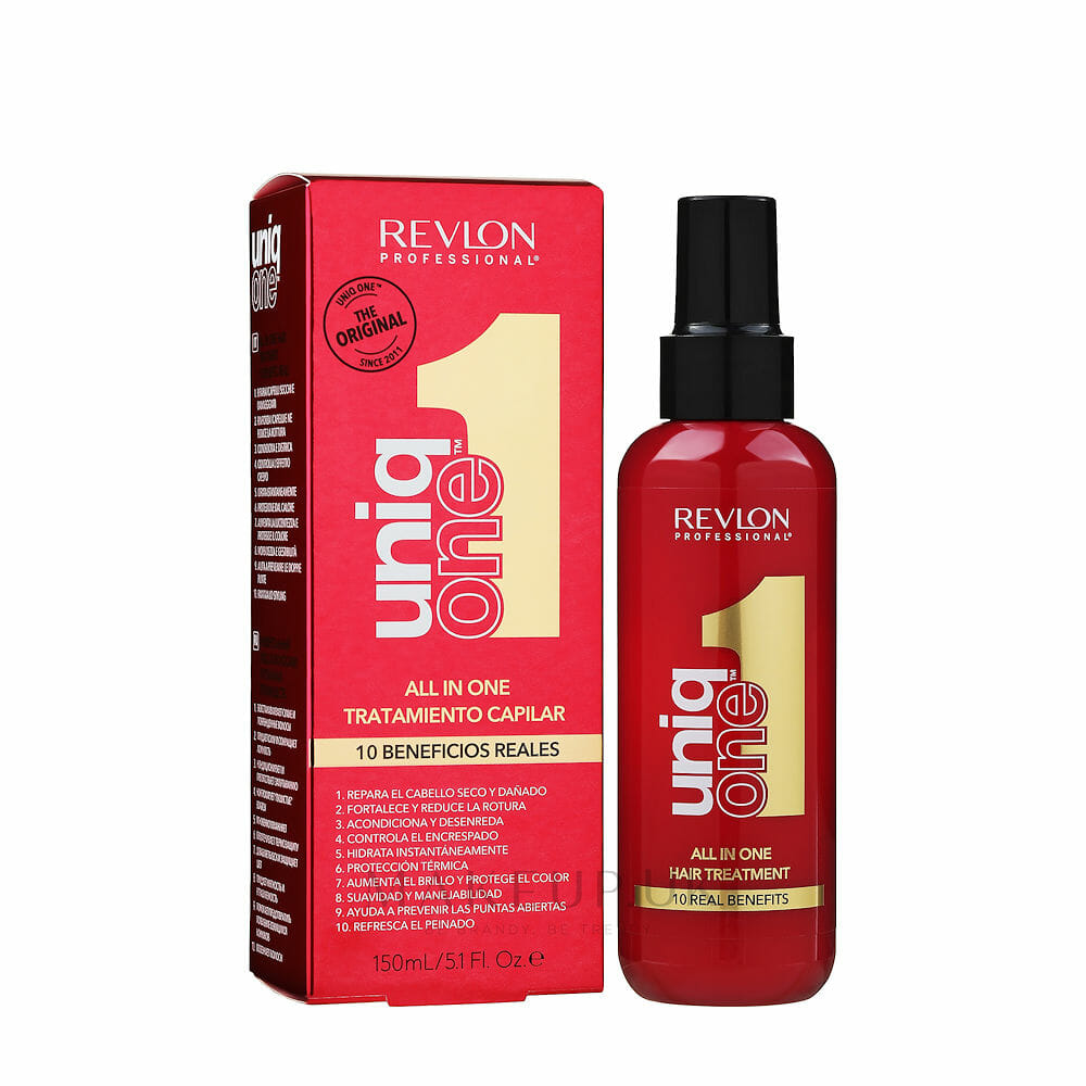 Revlon Uniq One All In One Hair Treatment in a red bottle with a black spray nozzle, alongside its packaging box.