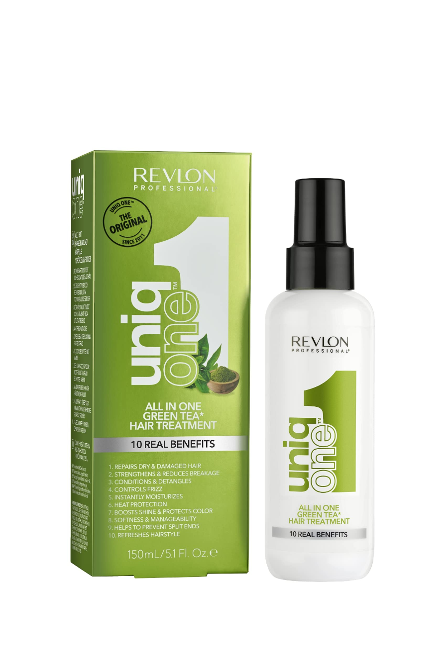 Packaging and bottle of Revlon Uniq 1 Green Tea Hair Treatment Spray.