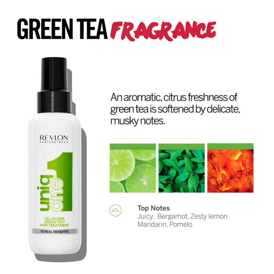 bottle of revlon uniqonepump spray on the left and graphics on the right of citrus fruit, and mint to depict the aromas