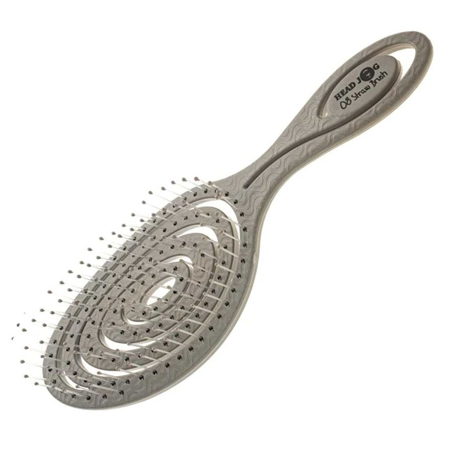 silver coloured headjog branded hairbrush on a white background