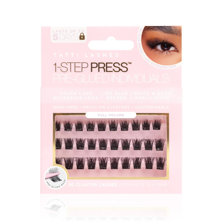 Packaging of Tatti Lashes 1-Step Press Pre Glued Individual Clusters, showing the product through a pink window, with a visual of a person wearing the lashes and text detailing the product features.