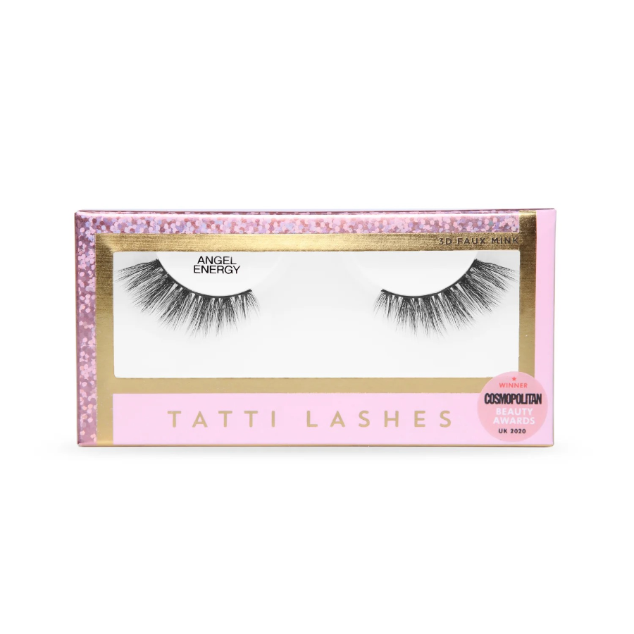 Packaging of Tatti Lashes Angel Energy 3D Faux Mink Eyelash Extensions with a pink and gold color scheme and the product visible through a clear window.