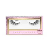 Packaging of Tatti Lashes Angel Energy 3D Faux Mink Eyelash Extensions with a pink and gold color scheme and the product visible through a clear window.