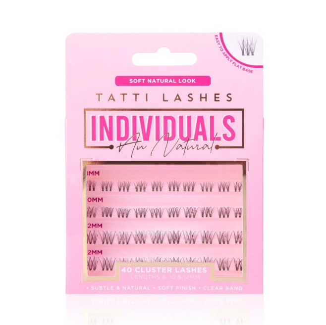 Tatti Lashes packaging with pink background and lash options displayed