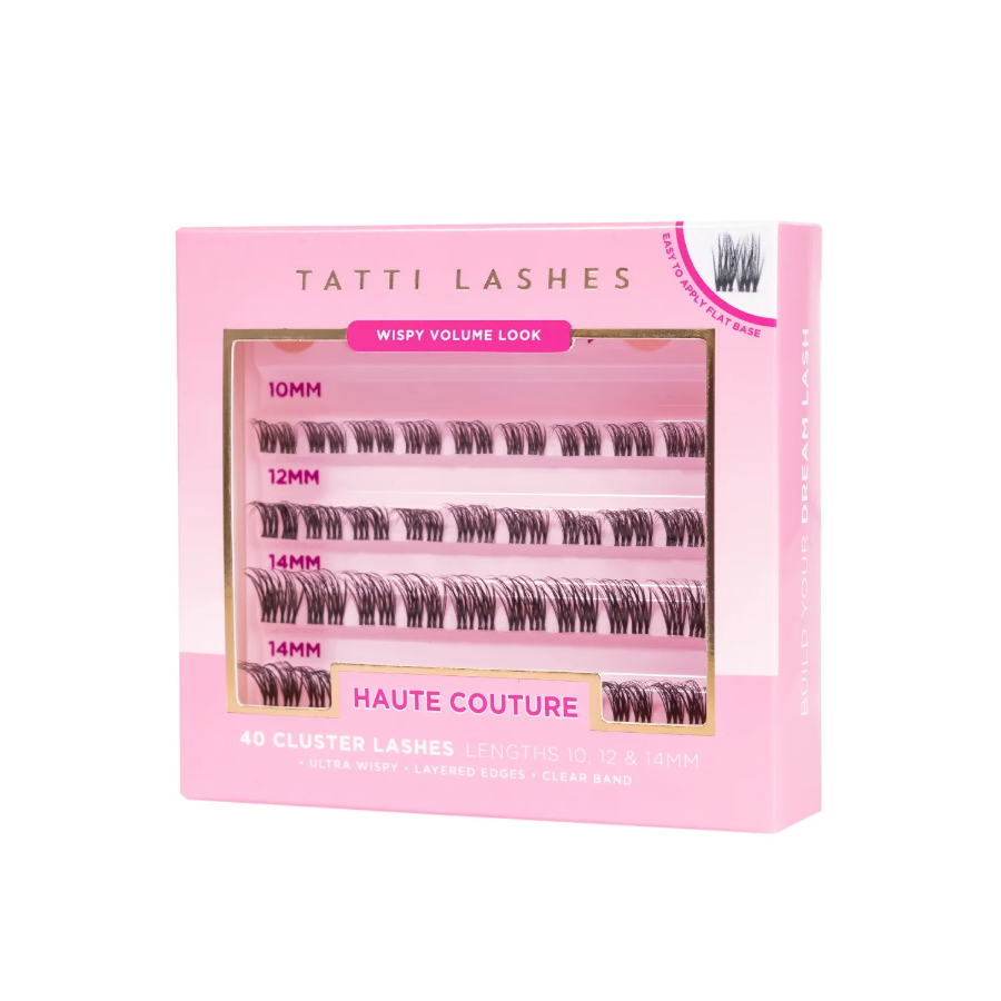 Packaging of Tatti Lashes Haute Couture Individual Cluster Eyelash Extensions showing 40 clusters in a pink box with the product name and details.
