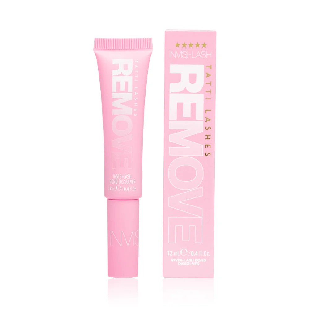 A pink tube and box of Tatti Lashes Invisi-Lash Remover, a eyelash glue remover with 12ml capacity.