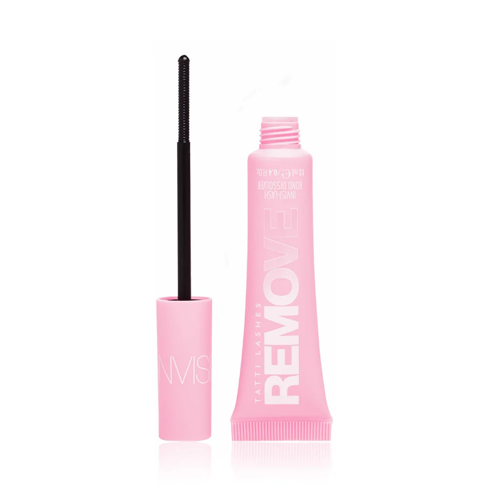 open pink tube of invisilash remover with black mascara wand style emerging from the lid
