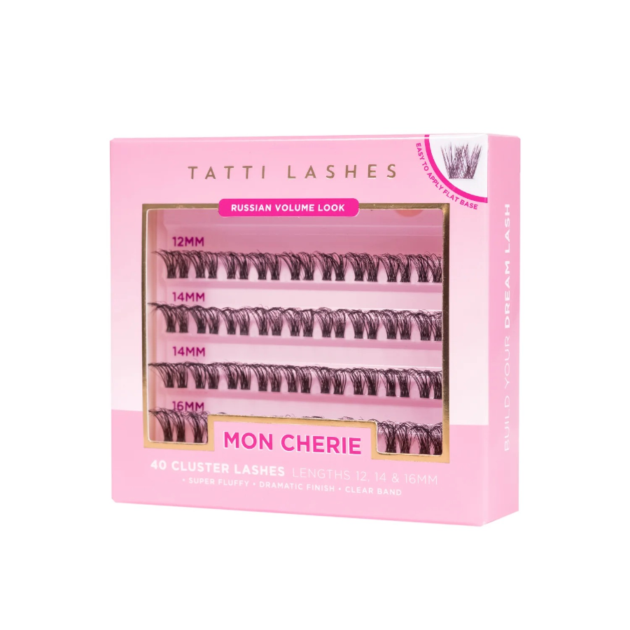 A box of Tatti Lashes Mon Cherie Individual Cluster Eyelash Extensions, displaying various lengths of pink faux lashes arranged in clusters.